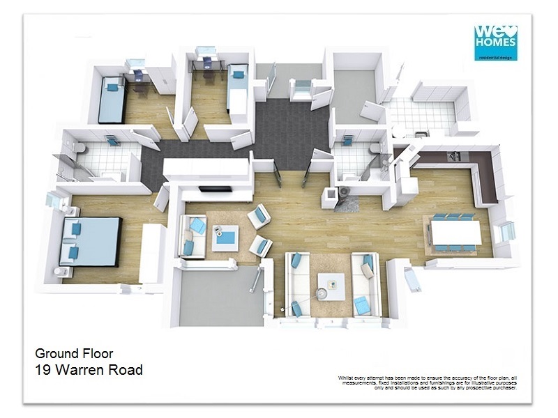 Three bedroom home floor plan with company branding